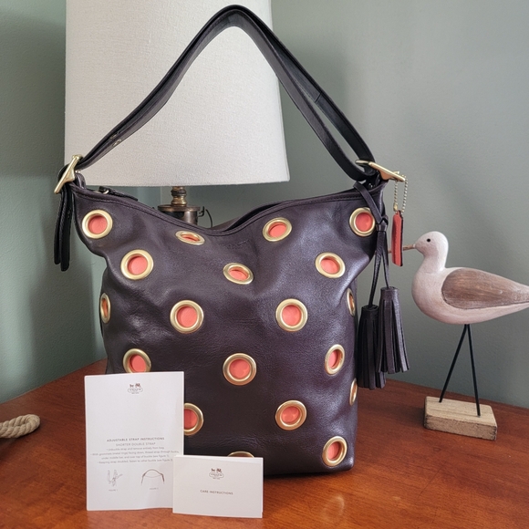 Coach Handbags - Coach 21181 Legacy Grommet Duffle Brown Orange Leather Shoulder Bag Y2K